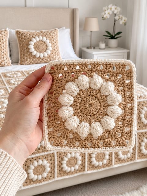 Crochet Beige and Ivory Flower Granny Blanket — Free Crochet Pattern