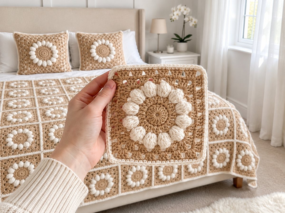 Hand holding a beige and ivory crochet flower granny square in front of a bed with a matching crochet blanket and pillows
