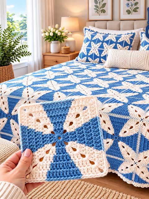 Crochet Blue and White Pinwheel Bedspread — Free Crochet Pattern