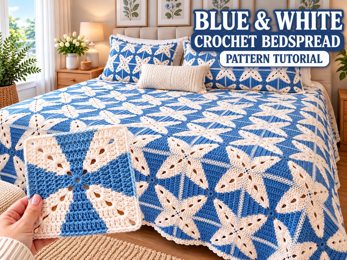 Hand holding a blue and cream pinwheel crochet square next to a bed with a matching blue and white crochet bedspread and pillows