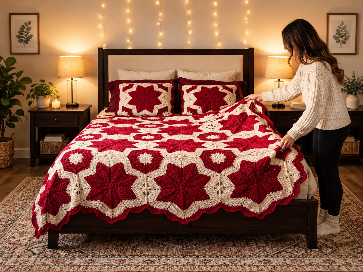 Crochet Burgundy Star Blanket on a bed with matching pillow covers