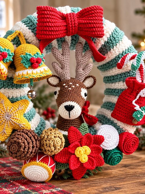 Crochet Christmas Reindeer Wreath with Bells and Star — Free Crochet Pattern