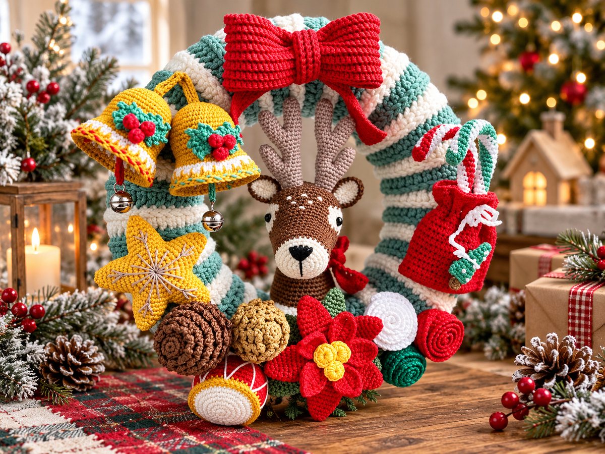 Crochet Christmas wreath with a striped teal and cream base, an amigurumi reindeer, golden bells, a star, a gift bag and a big red bow