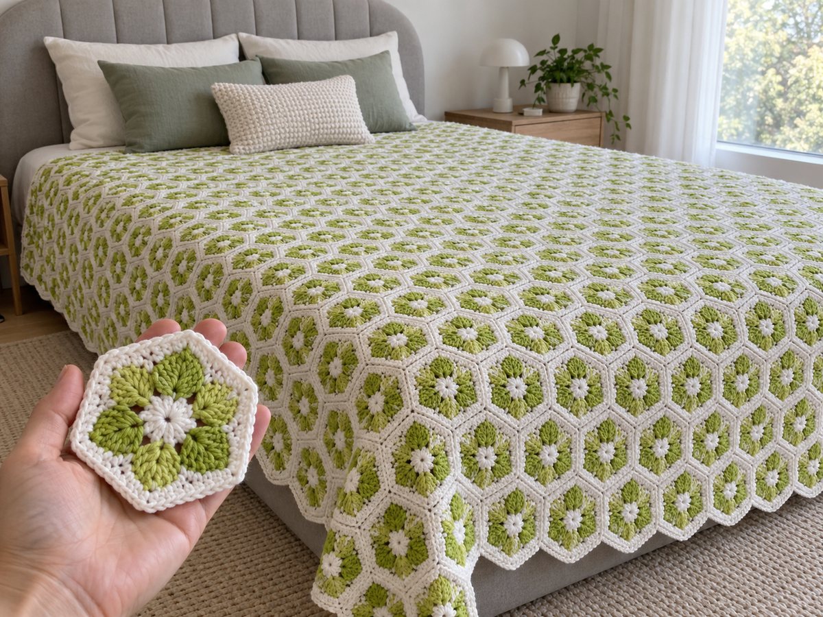 Lime green and white crochet bedspread made of small hexagon flower motifs on a bed with sage green and cream cushions
