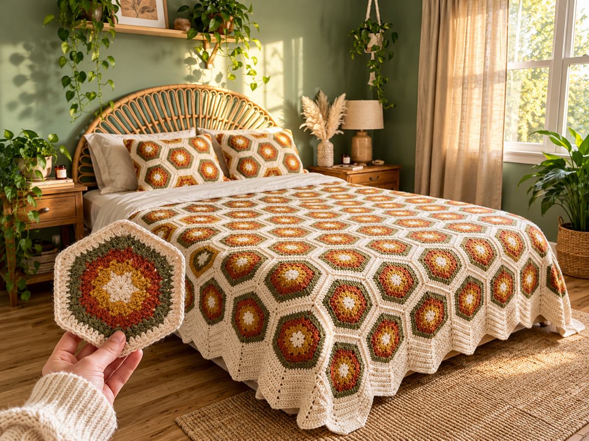 Crochet Hexagon Bedspread in a cozy bedroom