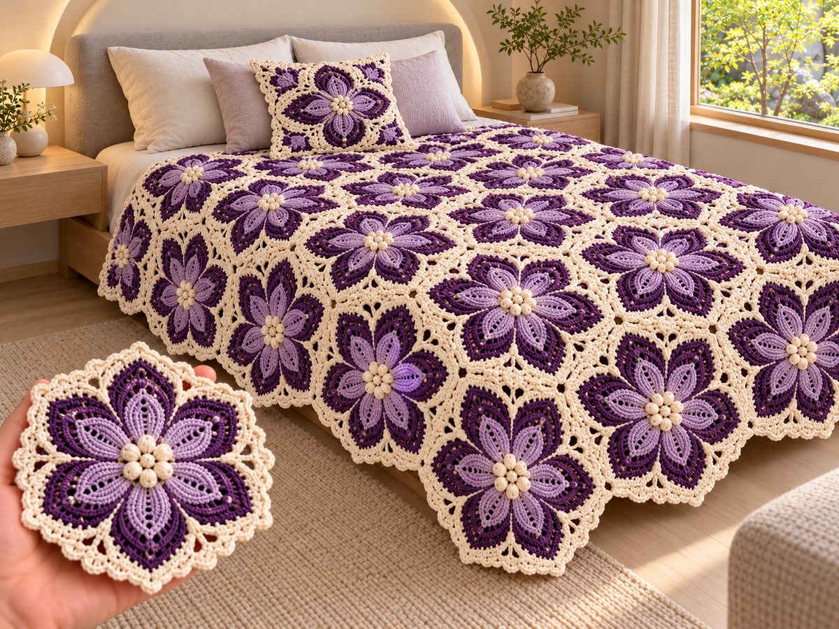 Purple, lavender and cream crochet bedspread made of hexagon clematis flower motifs with cream pearl centers on a bed with a matching cushion