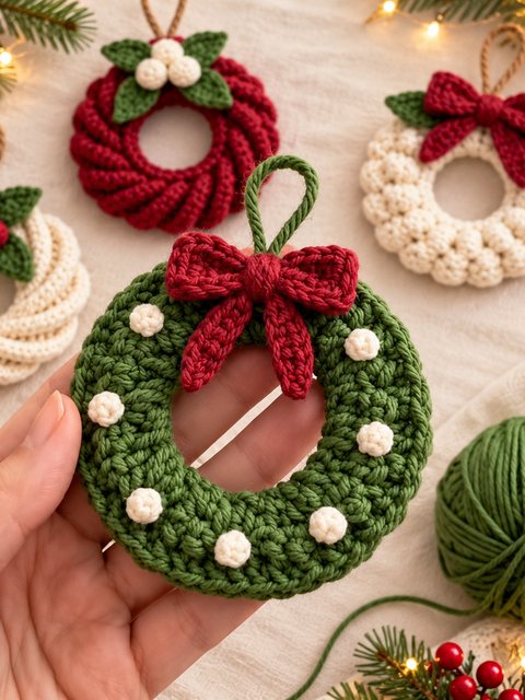 Crochet Mini Christmas Wreath Ornament — Free Crochet Pattern