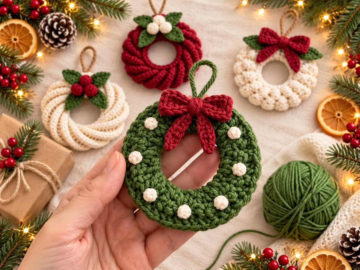 Hand holding a green crochet mini Christmas wreath ornament with cream popcorn bobbles and a red bow, with other crochet wreaths and Christmas decorations