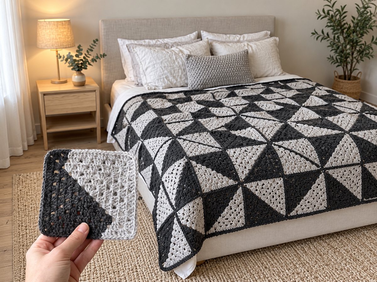 Crochet Monochrome Geometric Blanket in a cozy bedroom, with one charcoal and light grey split square held up