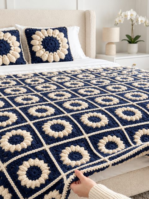 Crochet Navy and Ivory Flower Bedspread — Free Crochet Pattern