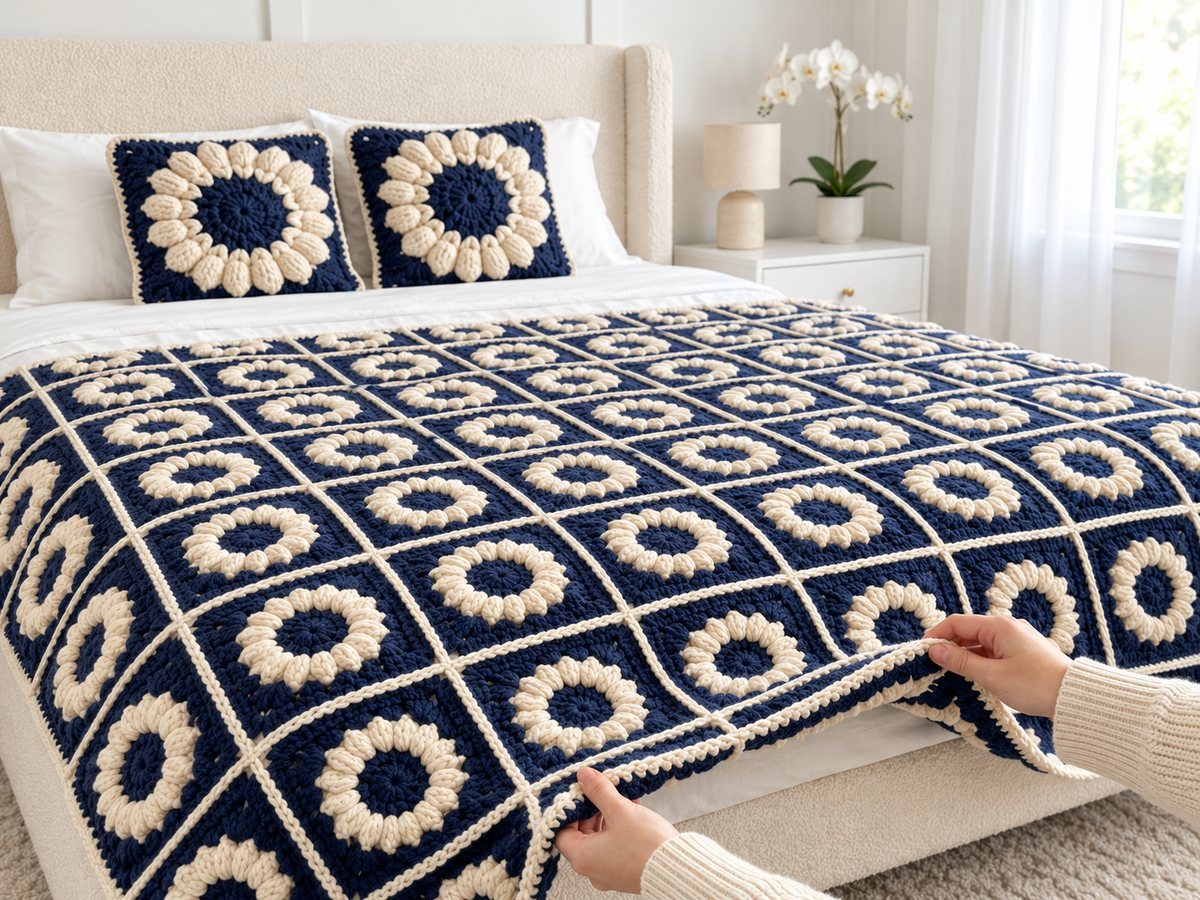 Navy and ivory crochet flower granny square bedspread with matching pillows on a white bed, hands lifting the blanket edge