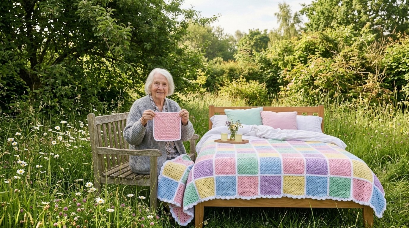 Grandmother holding a pink crochet granny square next to a pastel granny square blanket on a bed in a flower meadow