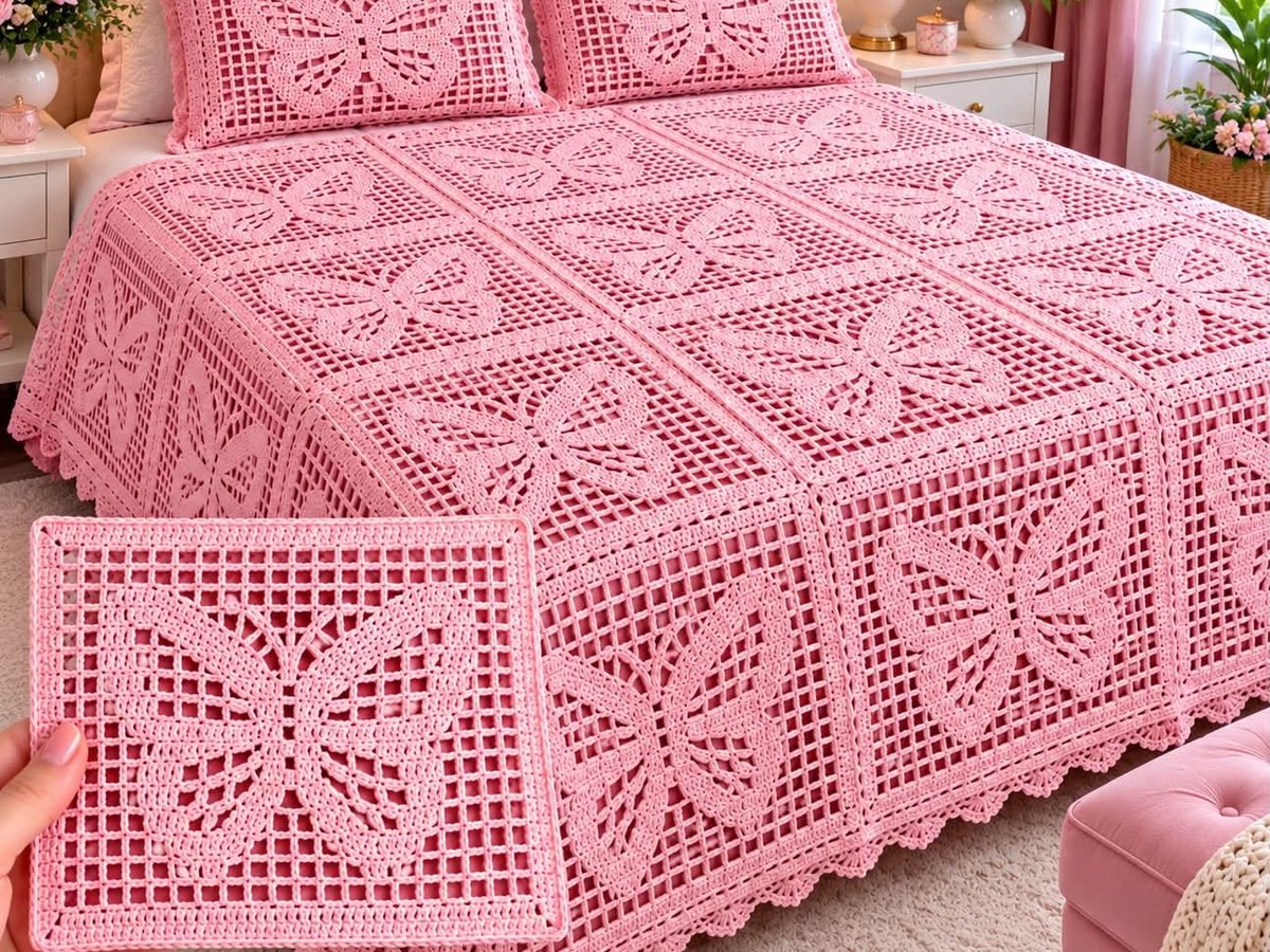 Pink filet crochet butterfly bedspread with matching pillow covers in a cozy bedroom