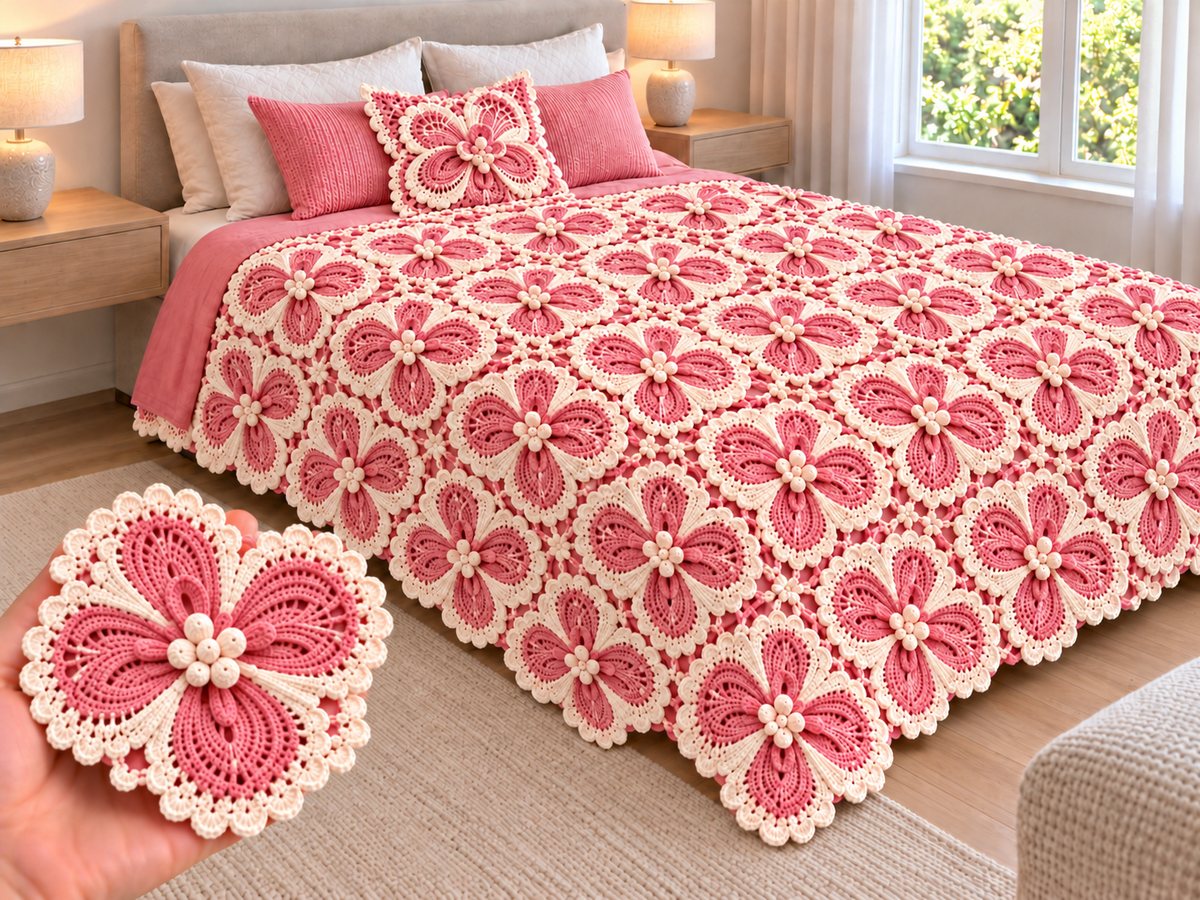Coral pink and cream crochet bedspread made of round five-petal flower motifs with cream pearl centers on a bed with matching pillows