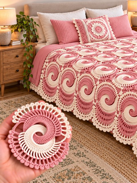 Crochet Pink and Ivory Spiral Bedspread — Free Crochet Pattern