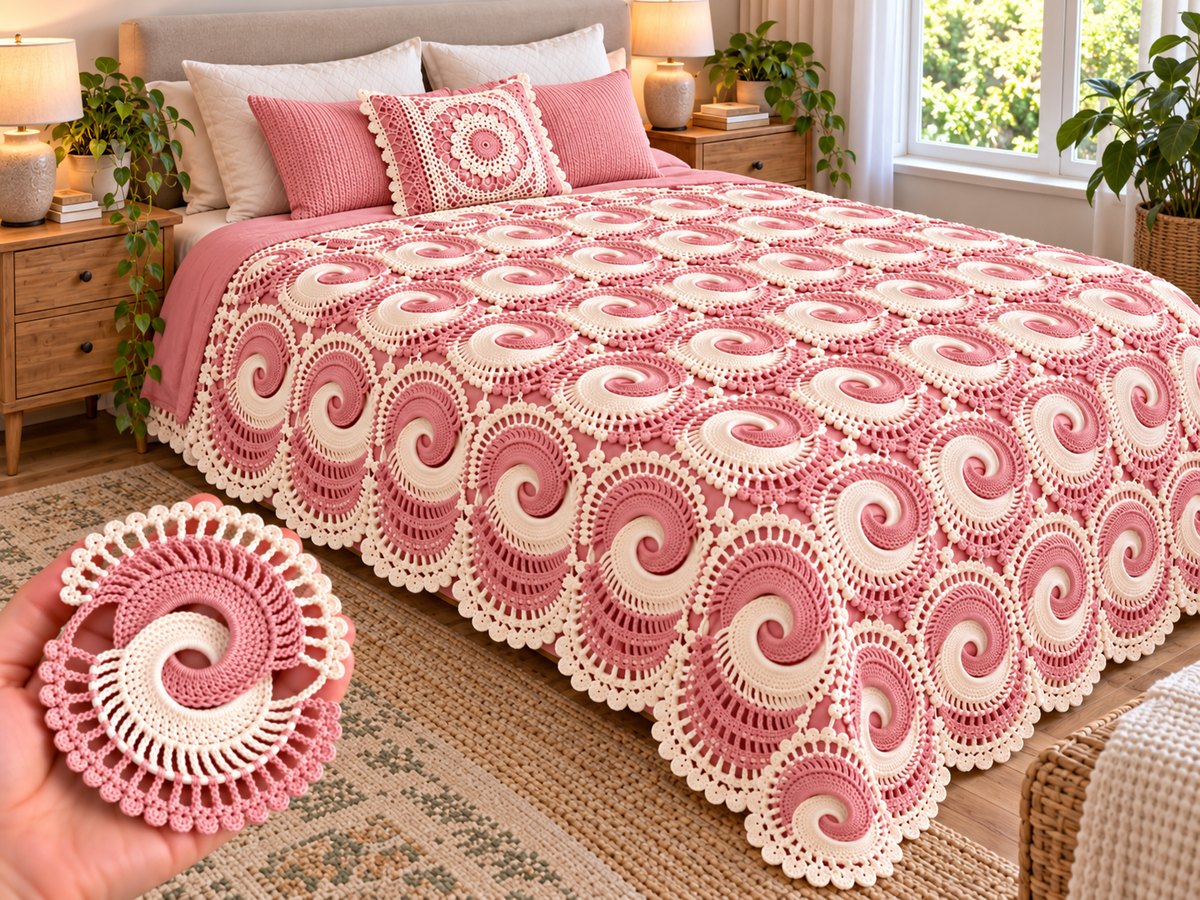 Pink and ivory crochet bedspread made of round spiral motifs on a bed with matching pink pillows and a hand holding one motif