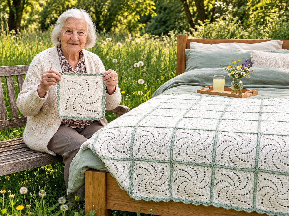 Smiling grandmother holding an ivory crochet pinwheel square with a sage green edge next to a bed with a matching crochet bedspread in a garden