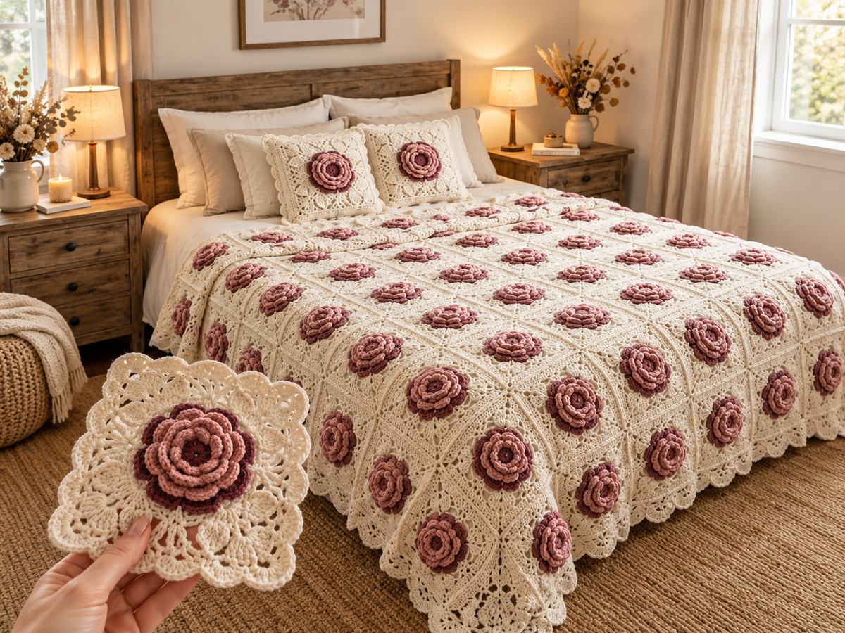 Crochet Rose Bedspread in a cozy bedroom