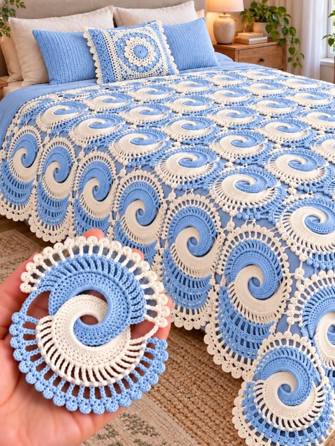 Crochet Sage Blue and Cream Spiral Bedspread — Free Crochet Pattern
