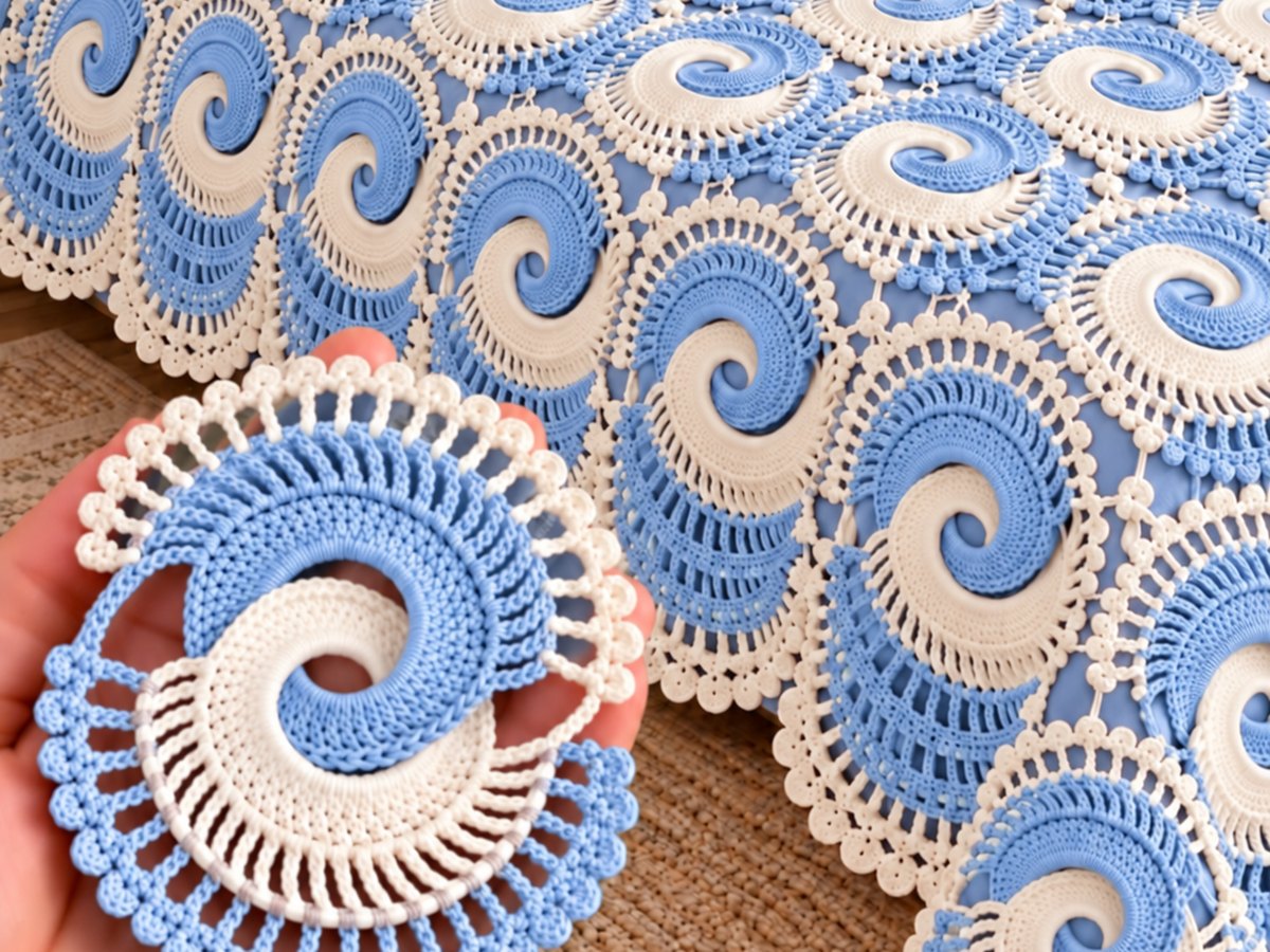 Sage blue and cream crochet bedspread made of round spiral motifs on a bed with matching blue pillows and a hand holding one motif