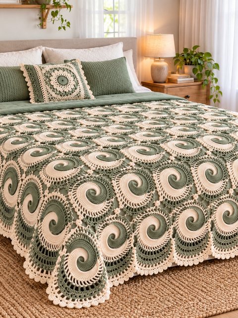 Crochet Sage Green and Cream Spiral Bedspread — Free Crochet Pattern