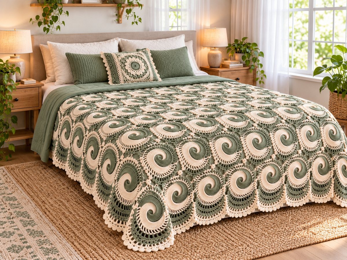 Sage green and cream crochet bedspread made of round spiral motifs on a bed with matching pillows