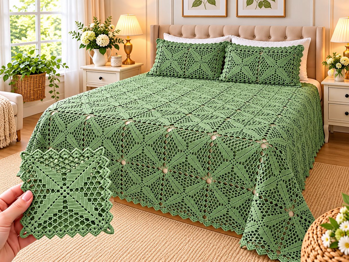 Sage green crochet lace bedspread with matching pillow covers in a sunlit bedroom