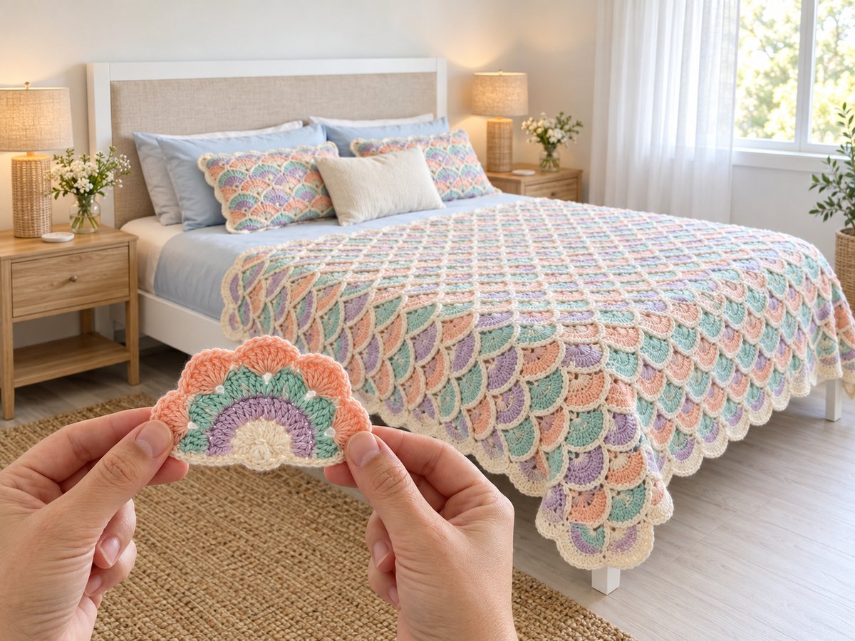 Crochet Seashell Bedspread with peach, mint and lavender shell fans in a bright bedroom
