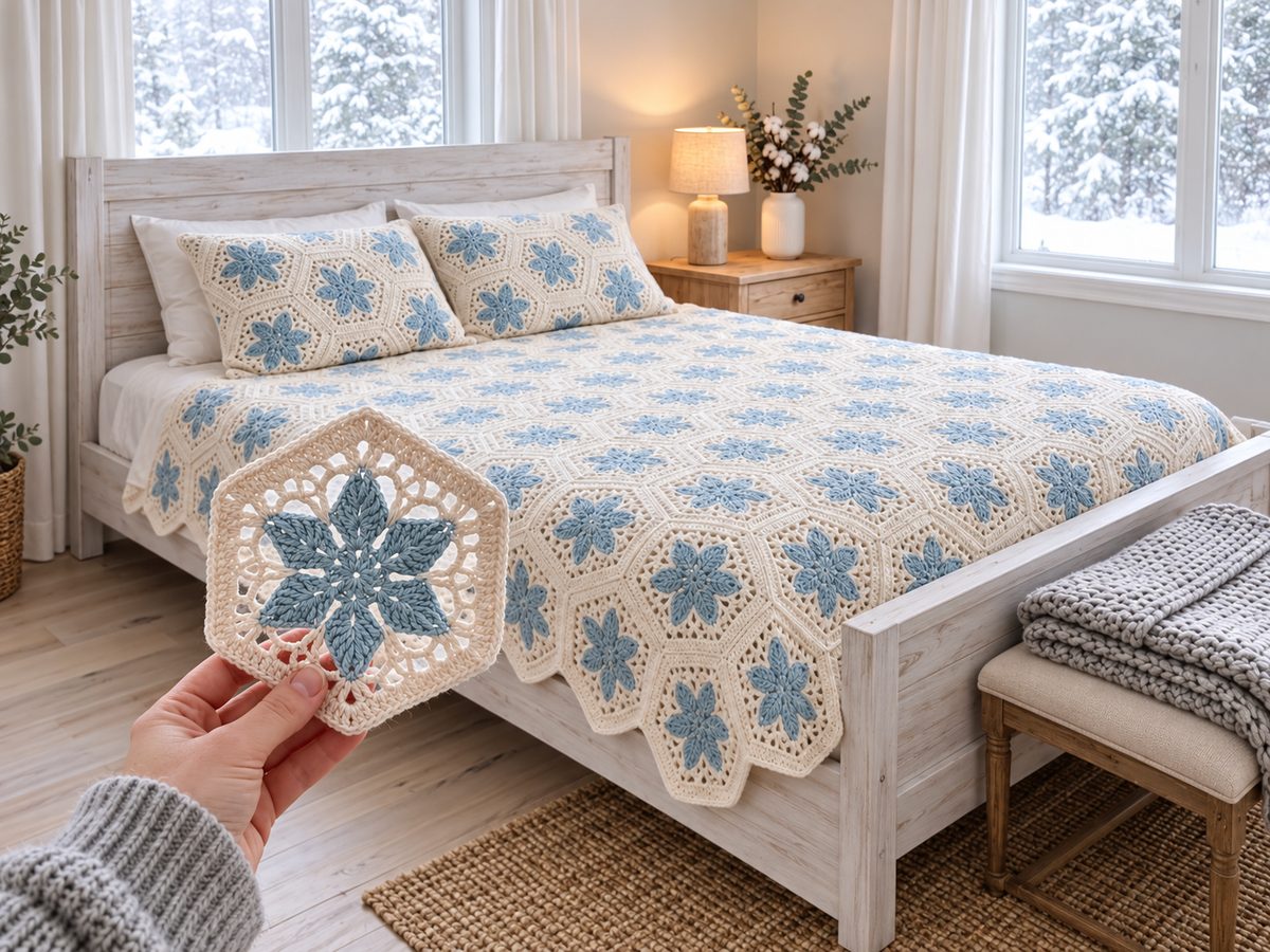 Crochet Snowflake Bedspread in a cozy winter bedroom