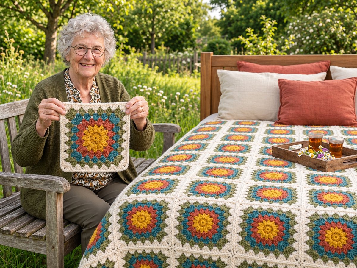 Smiling grandmother holding a crochet sunflower granny square next to a bed with a matching crochet bedspread in a garden