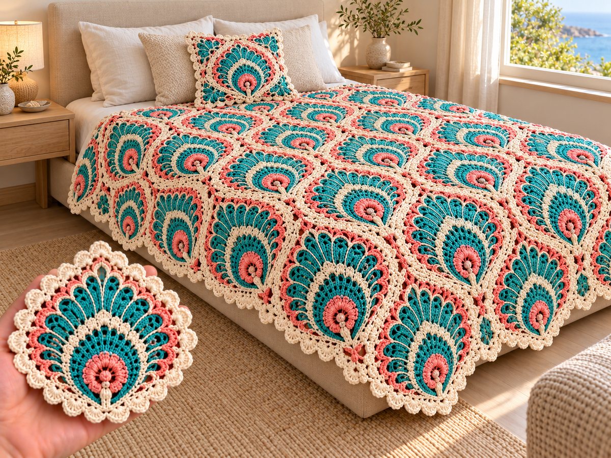 Turquoise, coral and cream crochet bedspread made of peacock feather fan motifs on a bed with a matching cushion