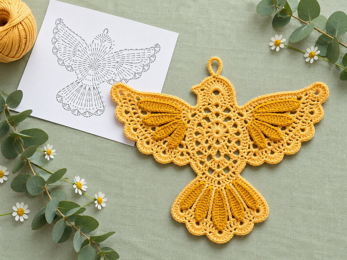 Crochet yellow dove ornament with golden feathers next to its stitch chart on sage linen