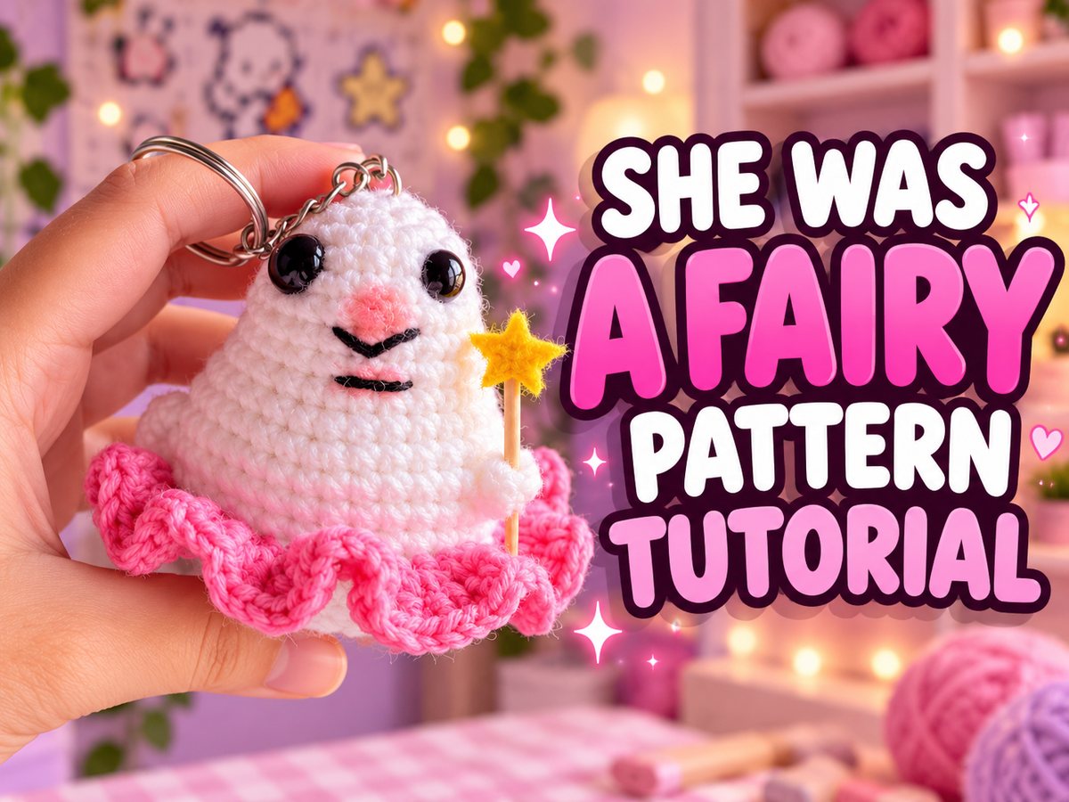 Cute white crochet hamster keychain with a pink ruffle skirt holding a yellow star wand, with the text She Was a Fairy Pattern Tutorial